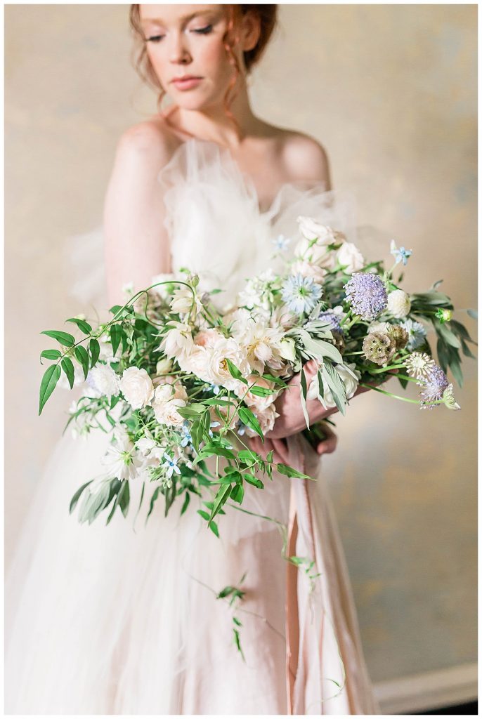 Bridal Bouquet with Carol Hannah Bridal Gown at Riverwood Mansion Nashville TN