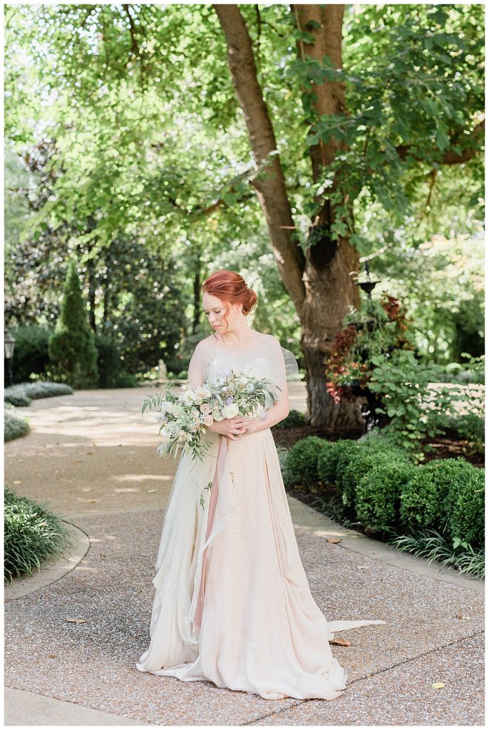 Bride in Carol Hannah Bridal Gown at Riverwood Mansion Nashville TN