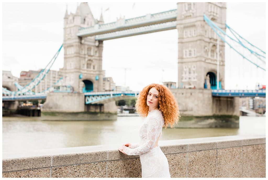 Bride in Claire Pettibone dress at Tower Bridge in London