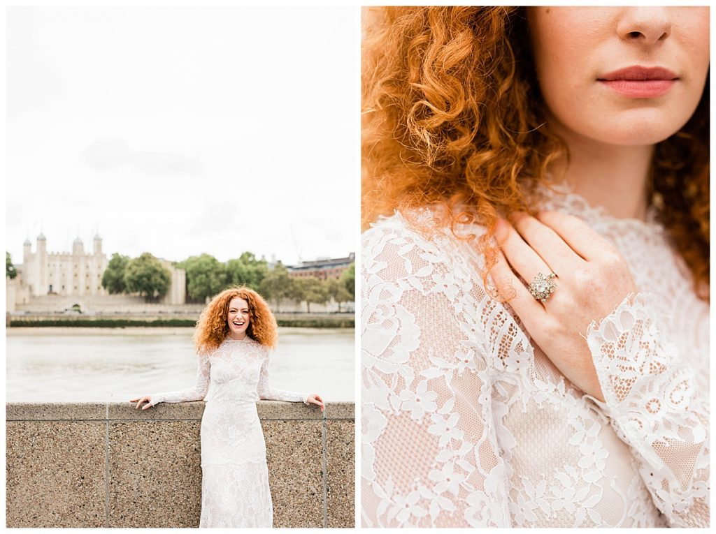 Bride in Claire Pettibone dress in front of the Thames with Tower of London in background