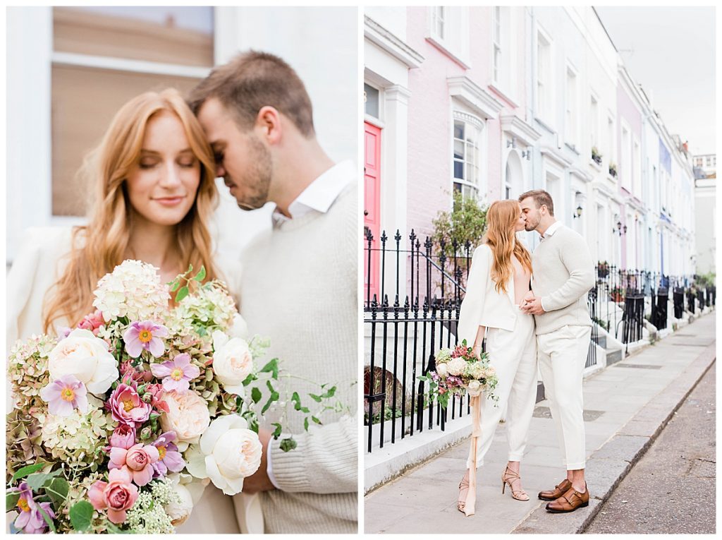 couple with bouquet on sidewalk